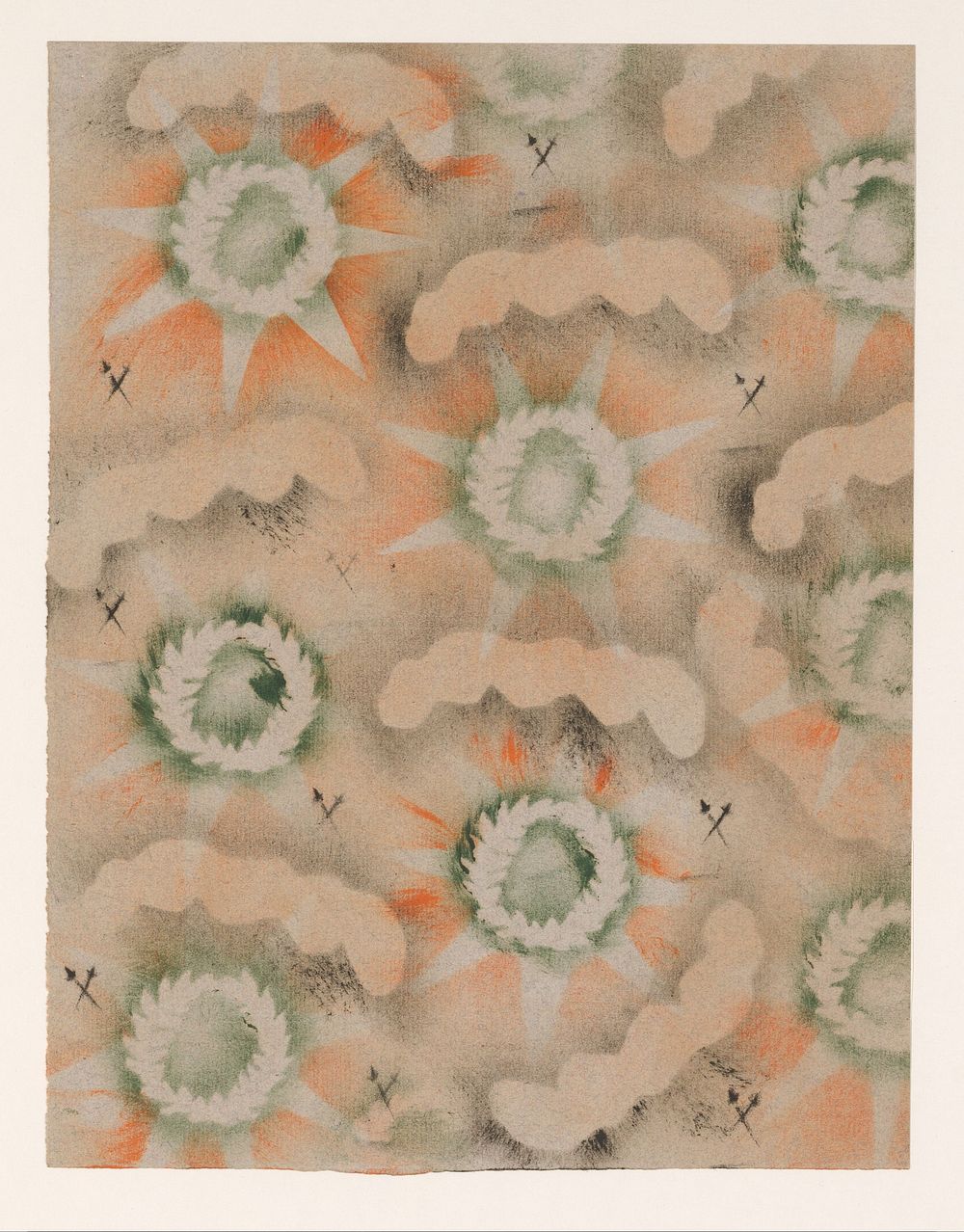 Gesjabloneerd papier met patroon van stralende lauwerkransen, wolken en gekruiste degens (1900 - 1969) by anonymous