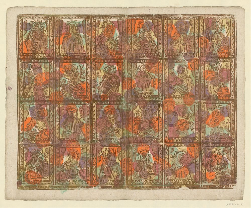 Blad met 24 heiligen in vier rijen (1740 - 1750) by Simon Haichele