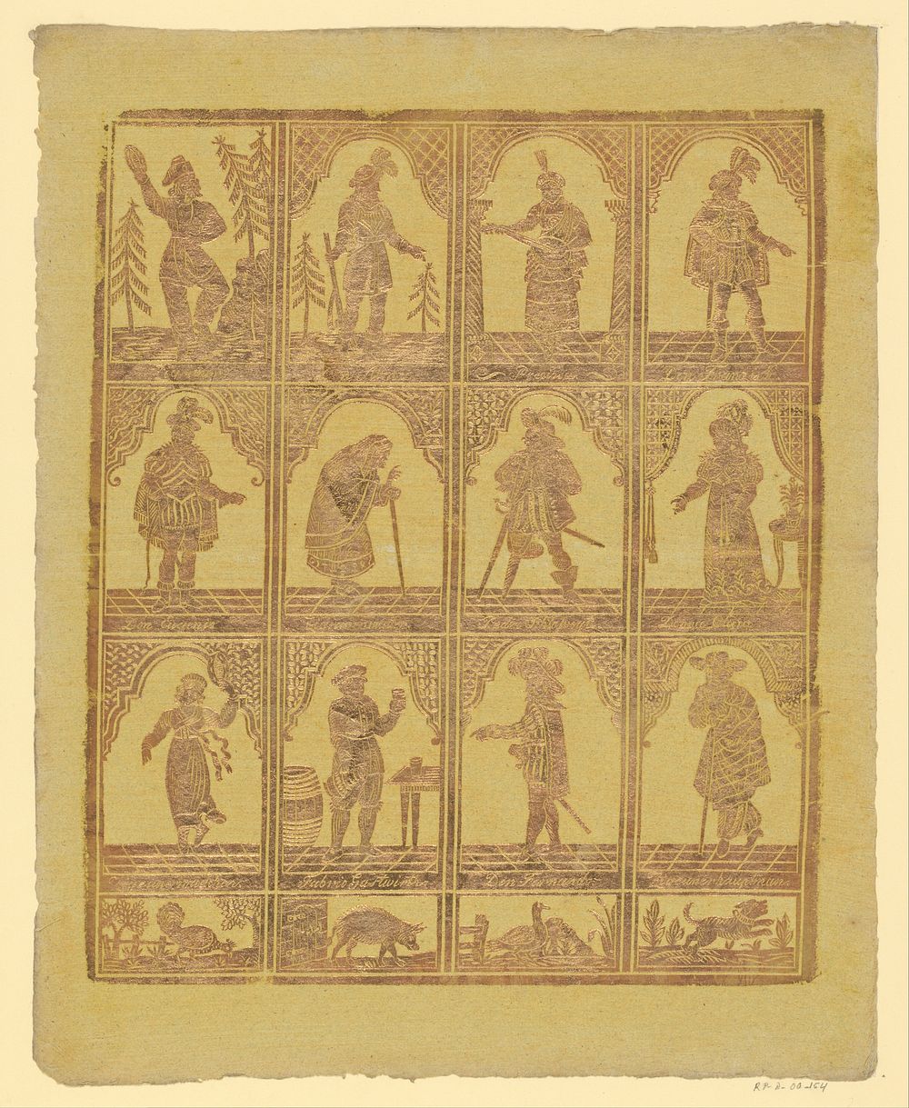 Blad met drie rijen figuren uit het verhaal van de Spaanse heidin Preciosa (1780 - 1820) by anonymous