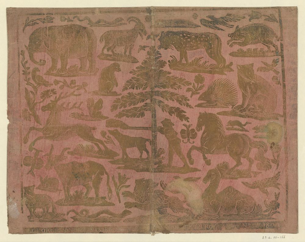 Blad met dieren met in het midden een jager (1800) by Georg Daniel Reimund