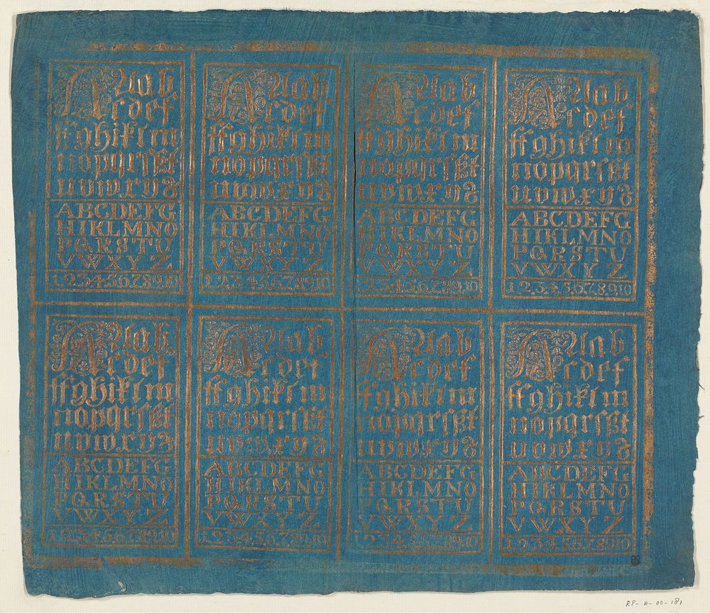 Blad met in twee rijen van vier tafel met alfabet en cijfers (1773 - 1815) by Paul Reimund