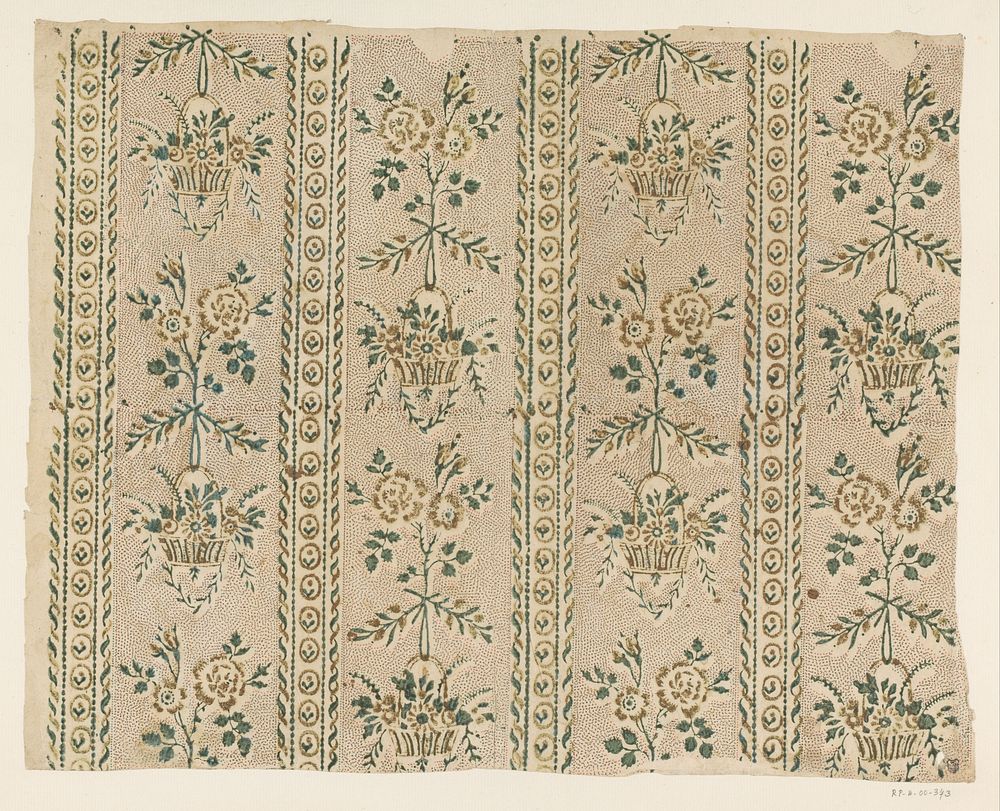 Blad met banenpatroon van bloemenmanden op puntenfond en sierlijst (1700 - 1850) by anonymous