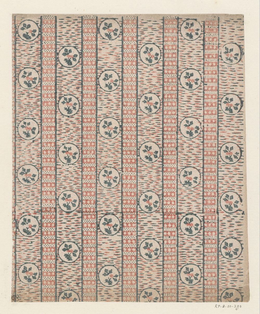 Blad met banenpatroon van rondje met tak met twee vruchten in sierlijst met stippen (1700 - 1850) by anonymous