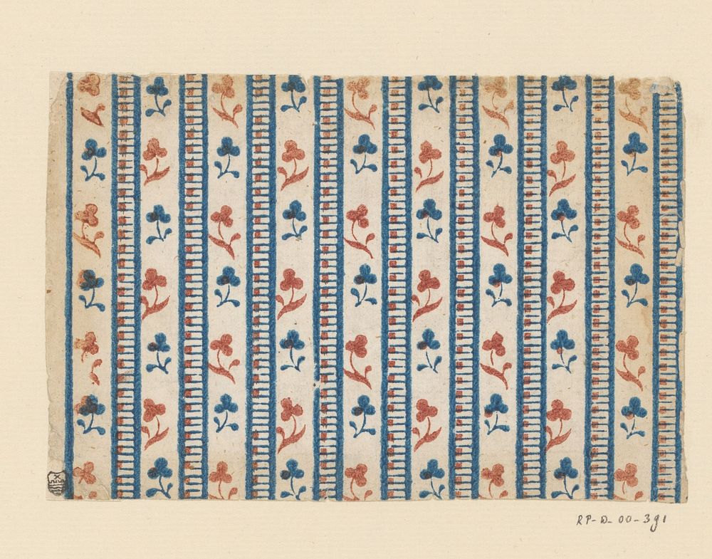 Blad met banenpatroon van bloemtakje en sierlijst (1700 - 1850) by anonymous
