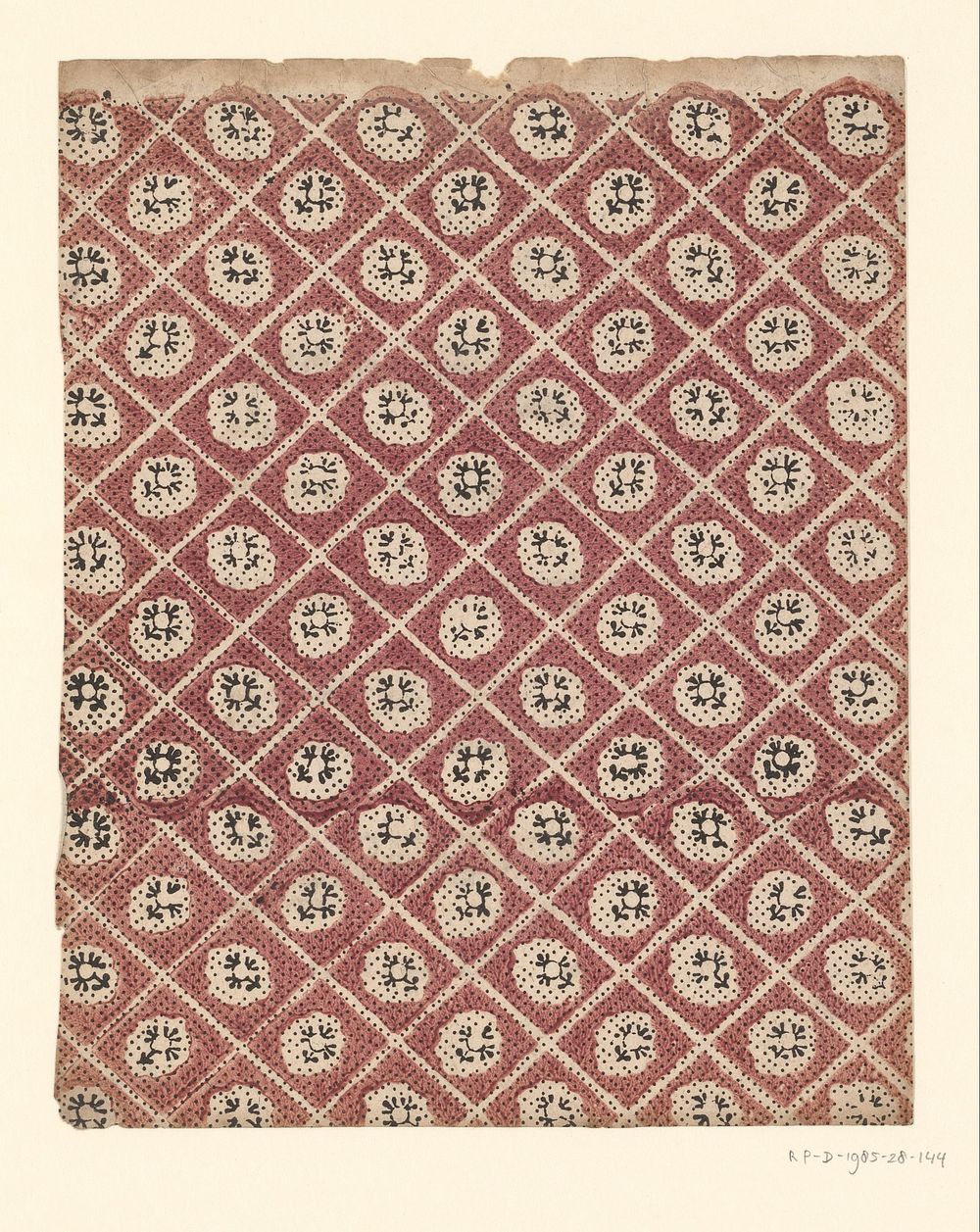 Blad met ruitenpatroon met bloem als veldvulling en puntenfond (1750 - 1900) by anonymous