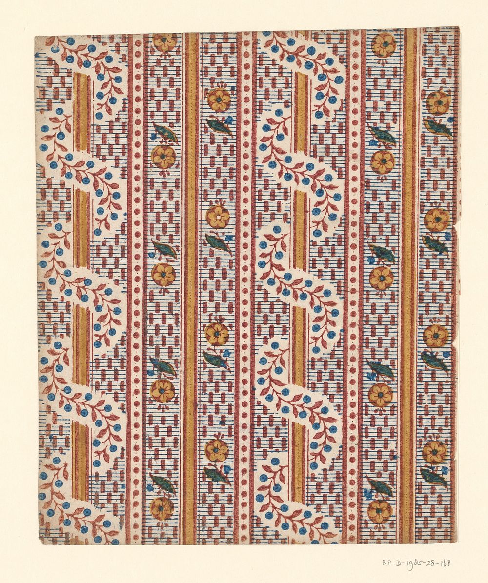Blad met banenpatroon van staaf omwonden door rank met vruchtjes alternerend met bloemen met onderbroken lijnenfond (1750 -…