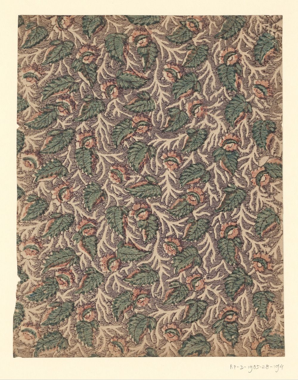 Blad met strooipatroon van bloem met blad tussen uitgespaarde takken (1750 - 1900) by anonymous