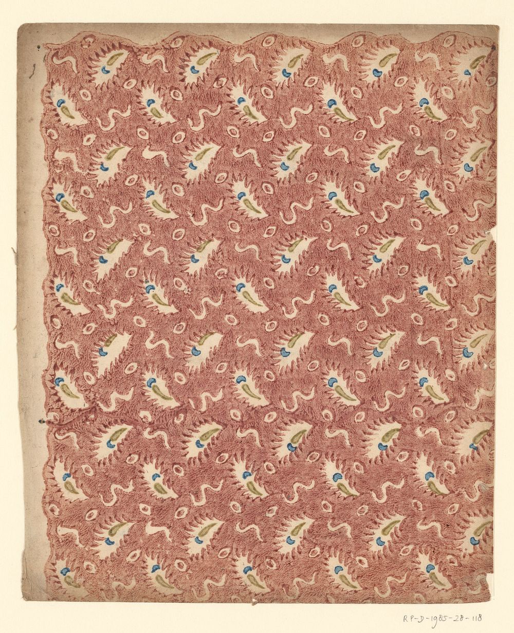 Blad met strooipatroon van blaadjes en slingerende streepjes (1750 - 1900) by anonymous
