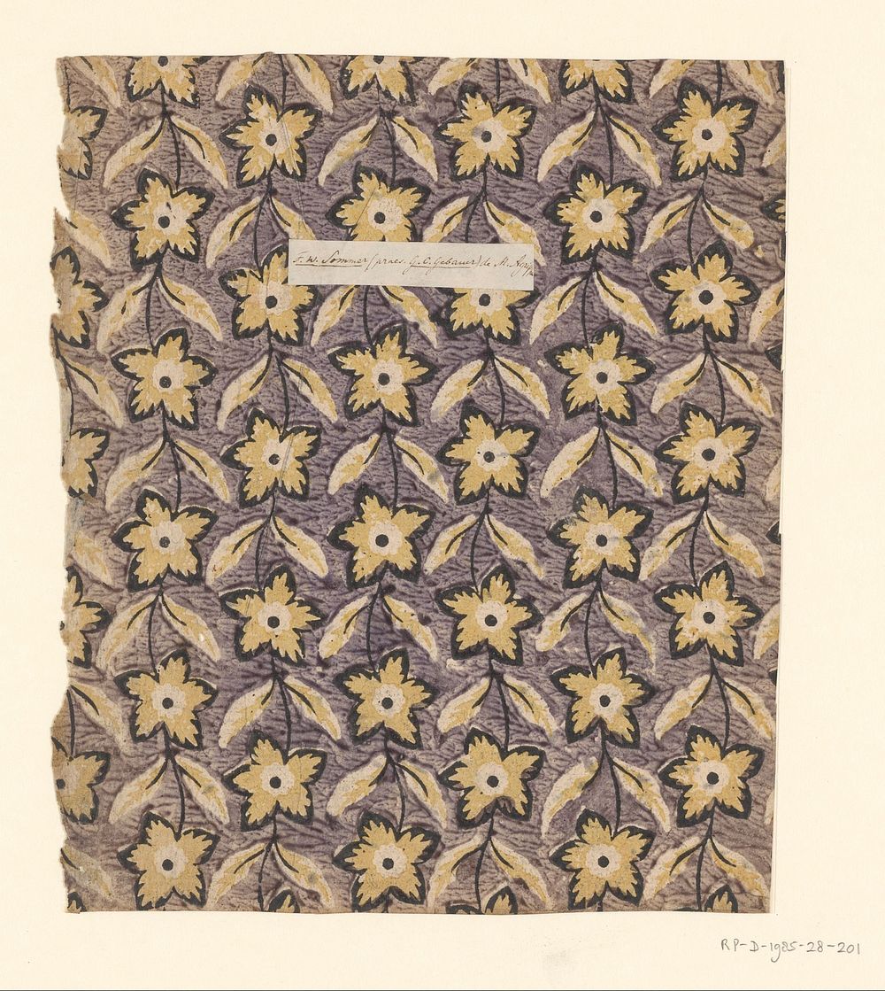 Blad met banenpatroon van verticale ranken met bloemen (1750 - 1900) by anonymous
