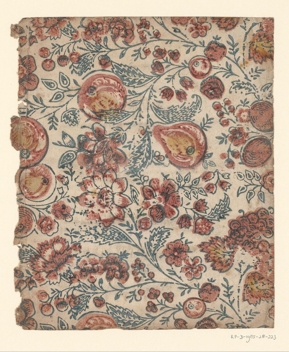 Blad met strooipatroon van bloemen en grote vruchten (1750 - 1900) by anonymous