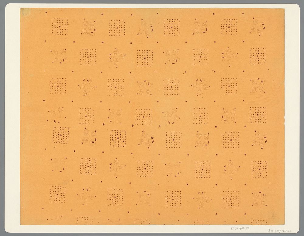 Blad met stippen en blaadjes over een alternerend strooipatroon van vierkanten en floraal motief van punten (1880 - 1950) by…