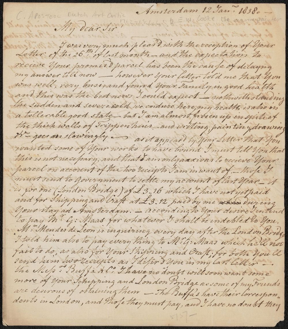 Brief aan Edward William Cooke (1838) by Cornelis Apostool