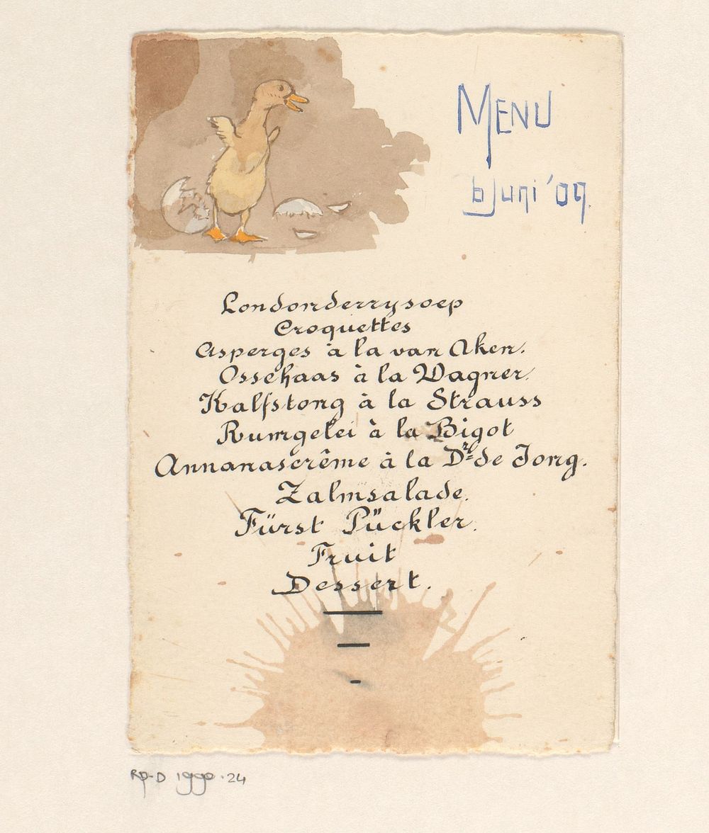 Menukaart voor een diner op 6 juni 1909 (before 1909) by anonymous