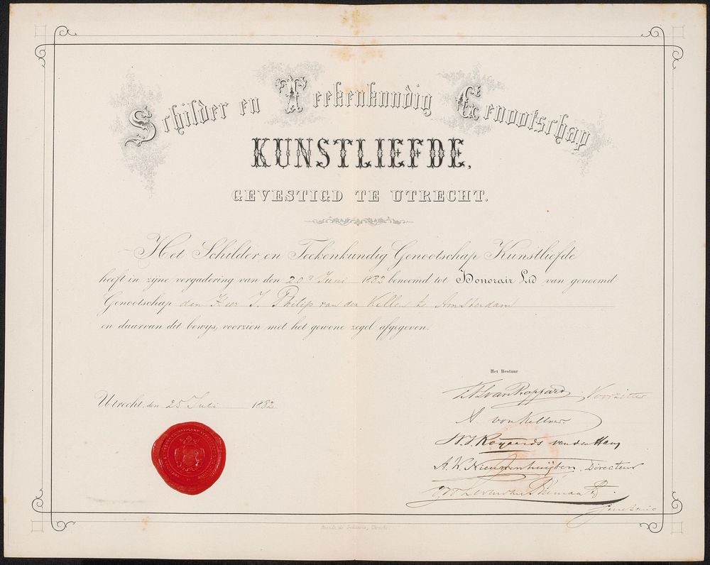 Benoeming van Johan Philip van der Kellen tot honorair lid van Genootschap Kunstliefde (1882) by Genootschap Kunstliefde…