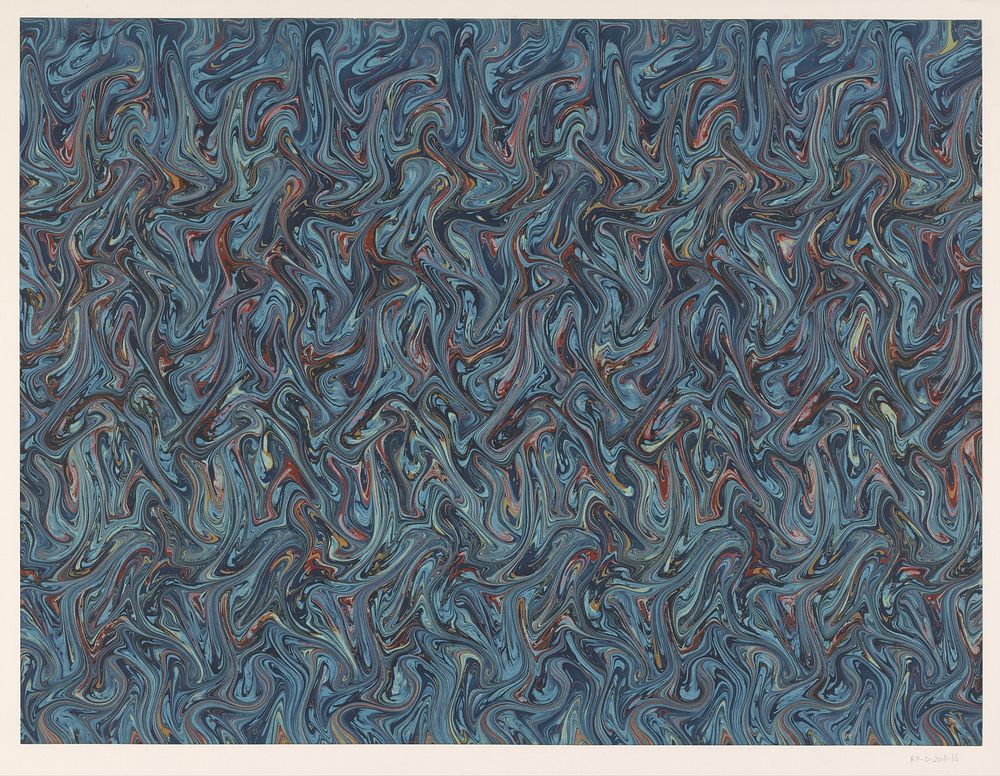 Fantasiemarmer in verschillende tinten blauw, bruinrood, lichtgroen en oker lichtbruin papier (1900 - 2000) by anonymous