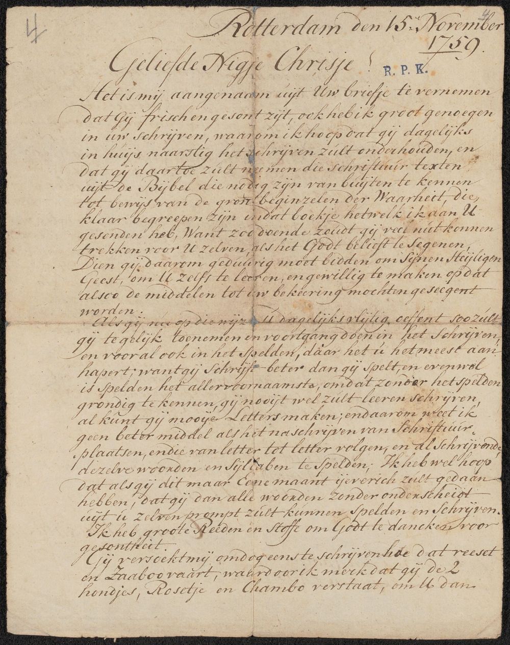 Brief aan Christina Sibilla Charlotte Bakhuizen (1759) by Gerrit Backhuijzen
