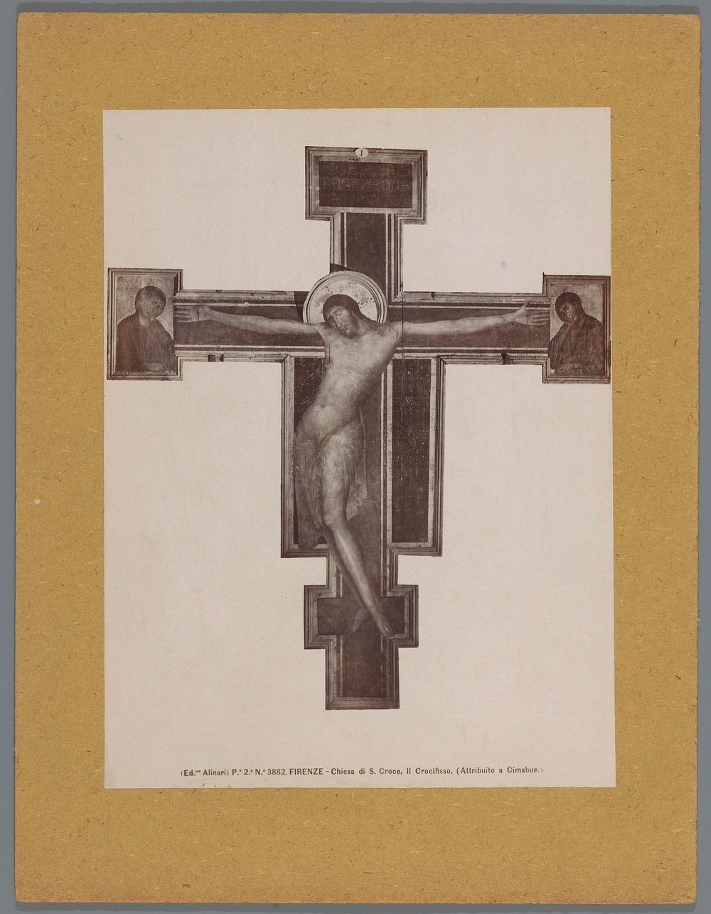 Fotoreproductie van een schildering (vermoedelijk) door Cimabue, voorstellende Christus aan het kruis tussen Maria en…