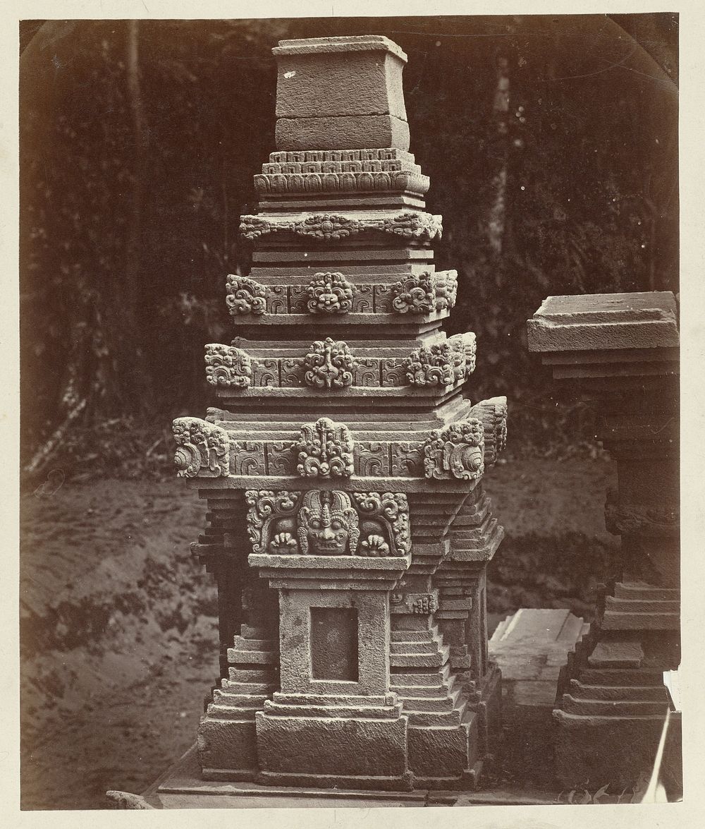 Candi Papoh/Kotes, platform miniature temple with kalamukha ornaments, rear view. Gandusari, Blitar district, East Java…