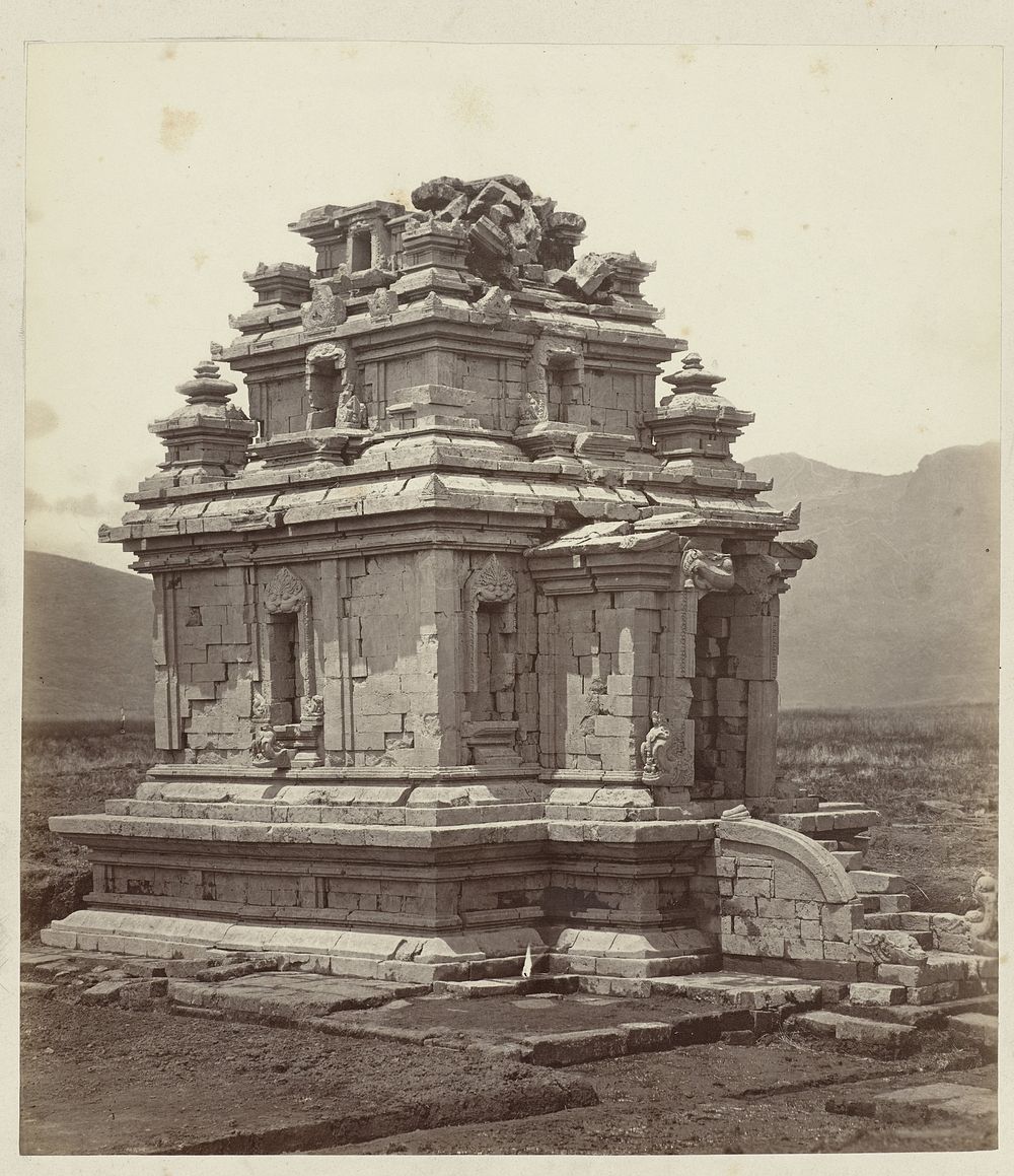Candi Arjuna, general view showing the staicase projection and the entrance (west). Dieng plateau, Wonosobo district…