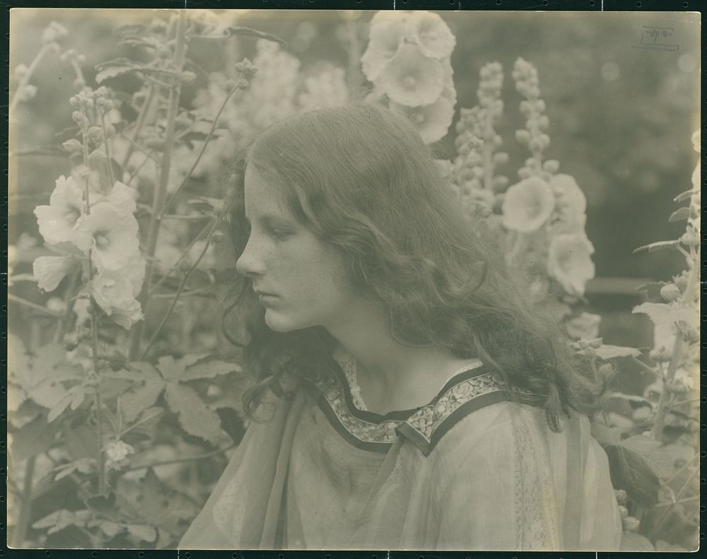 Portret van een onbekend meisje tussen bloemen (c. 1910) by Eva Watson Schütze