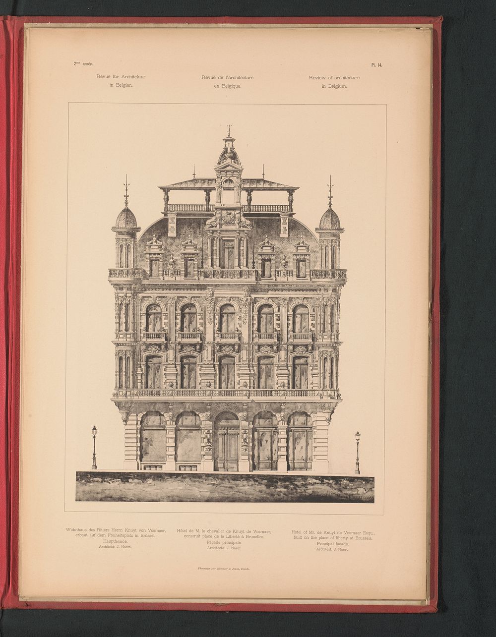 Reproductie van een ontwerp van een vooraanzicht van het woonhuis van Knuyt de Vosmaer in Brussel, door Joseph Naert (c.…