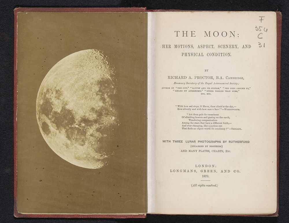 The moon, her motions, aspect, scenery, and physical condition (1873) by Richard Anthony Proctor and Longman and Co