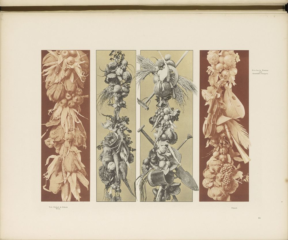 Vier festoenen met maiskolven, knollen, muziekinstrumenten en fruit (c. 1887 - in or before 1897) by anonymous and Gerlach…