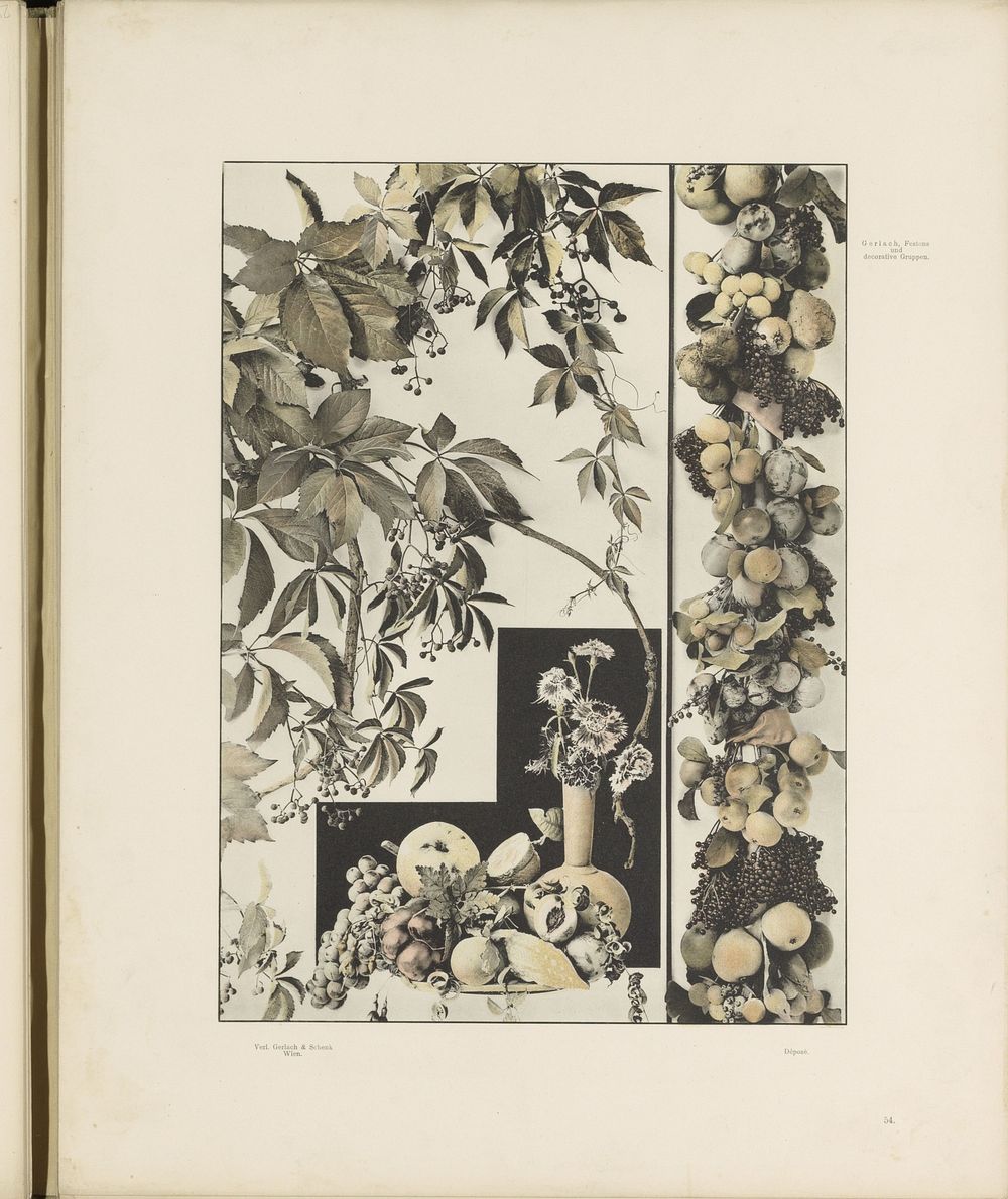 Festoen van vruchten en een stilleven van vruchten en een vaas met anjers (c. 1887 - in or before 1897) by anonymous and…