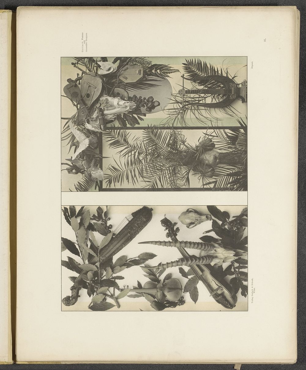 Decoratieve groepen met muziekinstrumenten, dierenschedels en palmbladeren (c. 1887 - in or before 1897) by anonymous and…