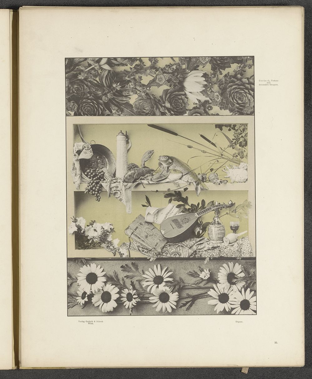 Stilleven met een mandoline, vissen en een boek en sierlijsten met bloemen (c. 1887 - in or before 1897) by anonymous and…