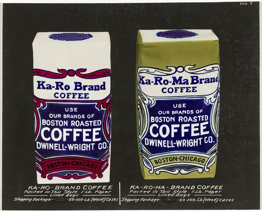 Verpakkingen van 'Ka-Ro-Ma Brand' koffie, reclame voor Dwinell-Wright Company (1911 - c. 1920) by Stadler Photographing…