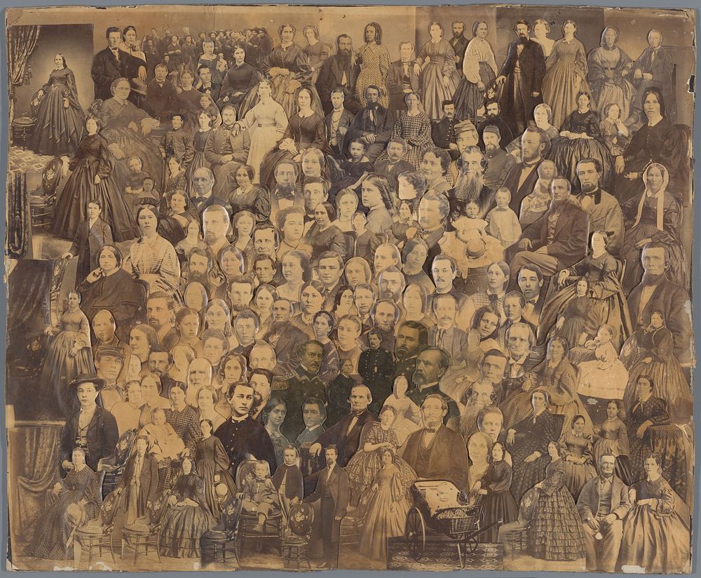 Collage van portretten van soldaten, militaire leiders en burgers uit de omgeving van Ohio, gedurende de Civil War, 1865…