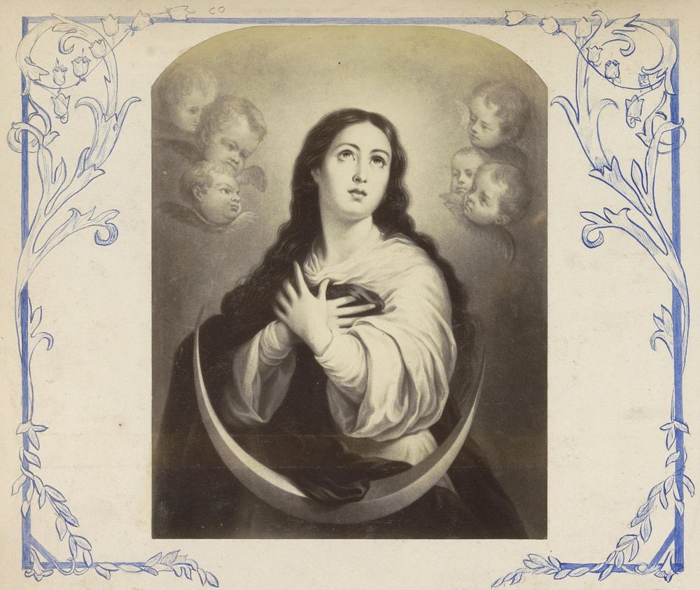 Fotoreproductie van (vermoedelijk) een prent van Maria op de maansikkel omringd door engelen (c. 1850 - c. 1870) by…