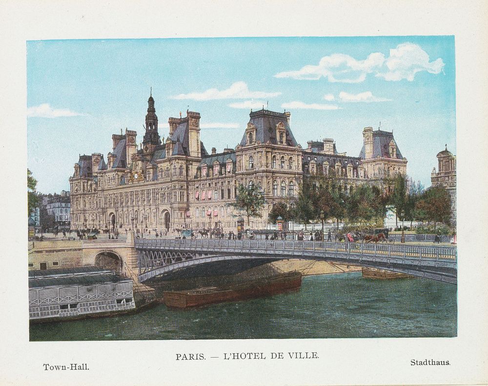 Gezicht op Hôtel de Ville in Parijs met op de voorgrond de Pont d'Arcole (c. 1900 - c. 1930) by anonymous