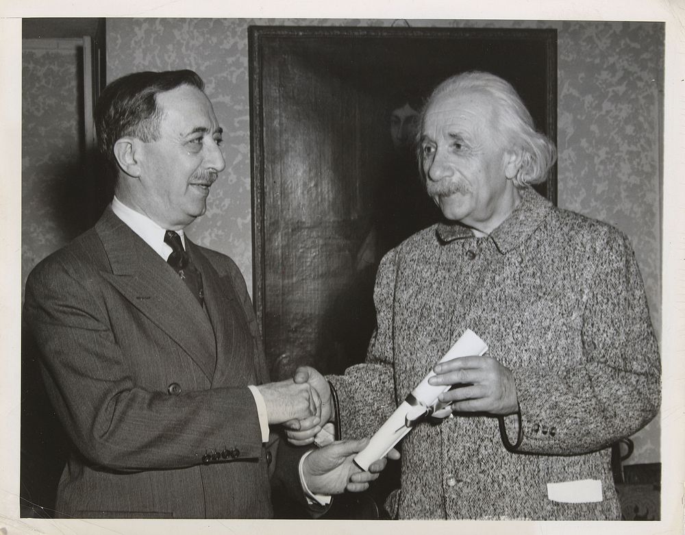 Einstein given Hebrew University Degree (1949) by International News Photos