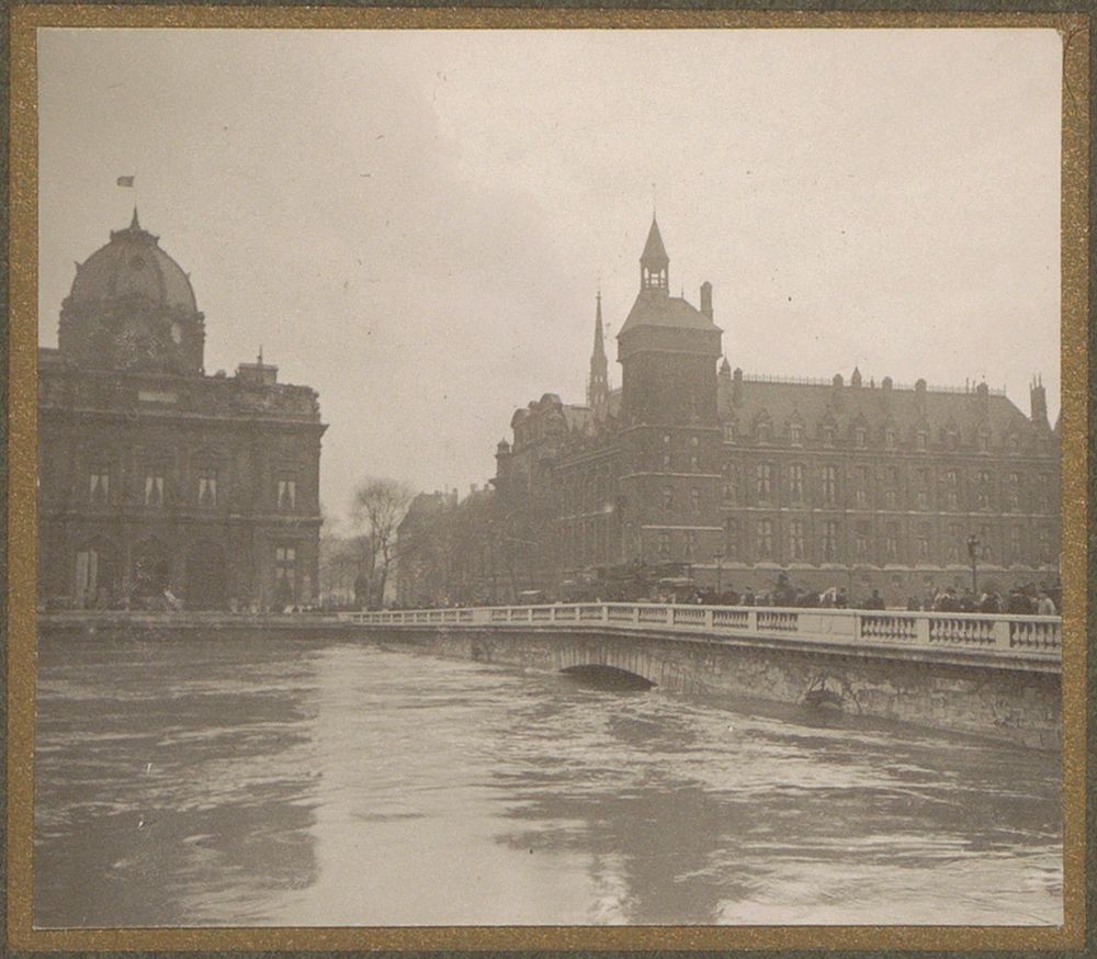 Zeer hoge waterstand in de Seine , op de achtergrond gebouwen op het Île de la Cité van Parijs (1910) by G Dangereux