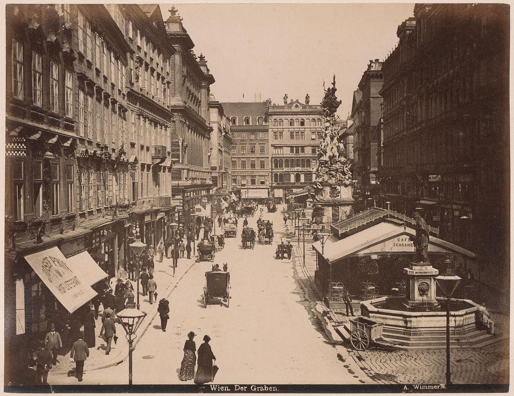 Gezicht op Der Graben in Wenen met winkels, karren, pomp en de Weense pestzuil (c. 1880 - c. 1895) by A Wimmer