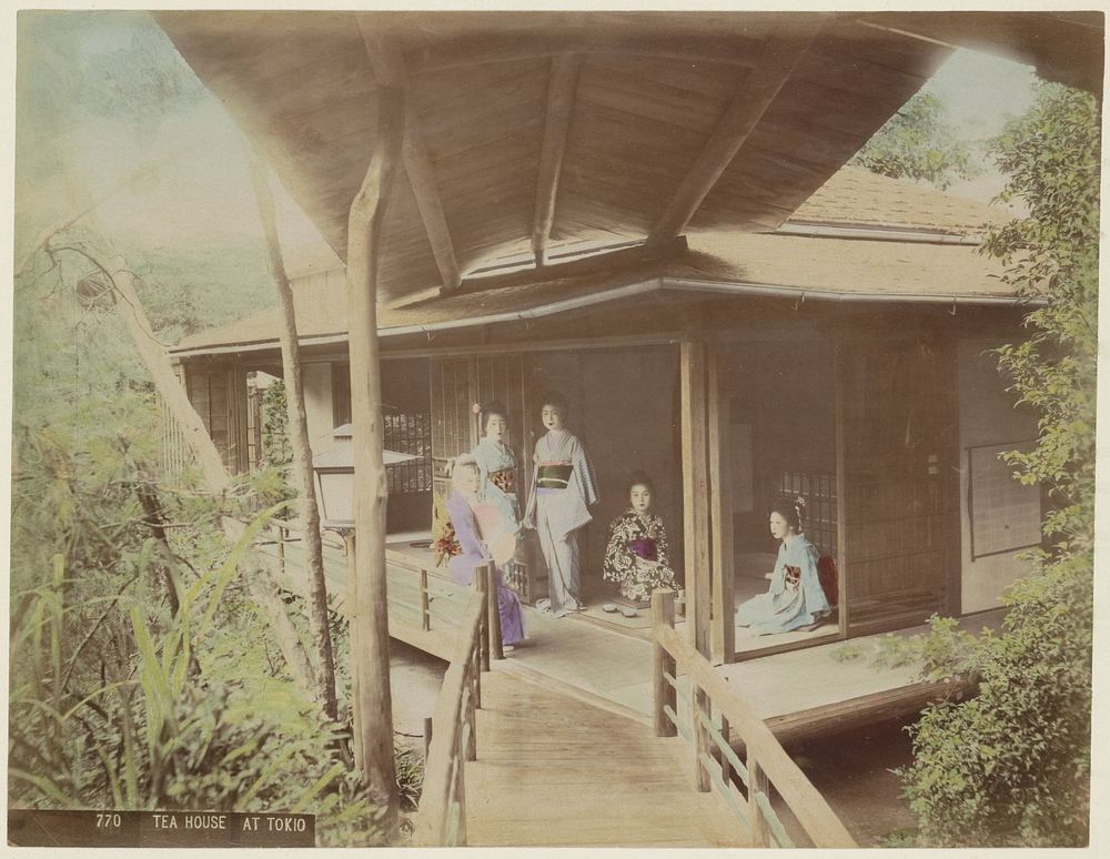Vijf vrouwen bij een theehuis in Tokyo (c. 1870 - c. 1900) by anonymous