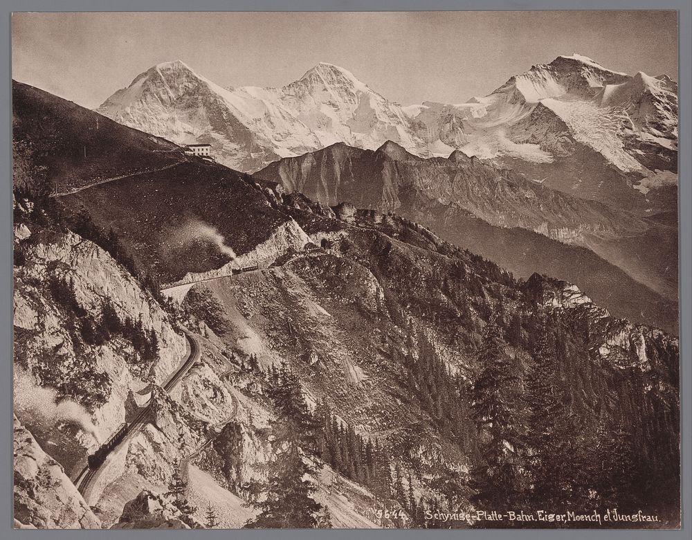 Reproductie van een tekening van een spoorlijn in de oostelijke Berner Alpen (1870 - 1930) by anonymous, anonymous and…