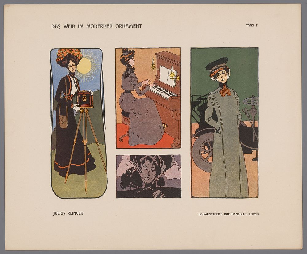 Reproductie van vier lithografieën van onder andere een vrouw met een camera door Julius Klinger (1902) by anonymous, Julius…