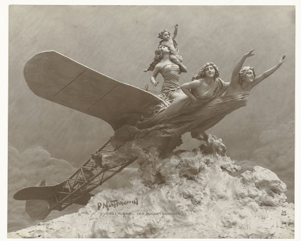 Kleisculptuur van een vliegtuig met drie vrouwen en een kind (1903 - 1910) by anonymous and Domenico Mastroianni