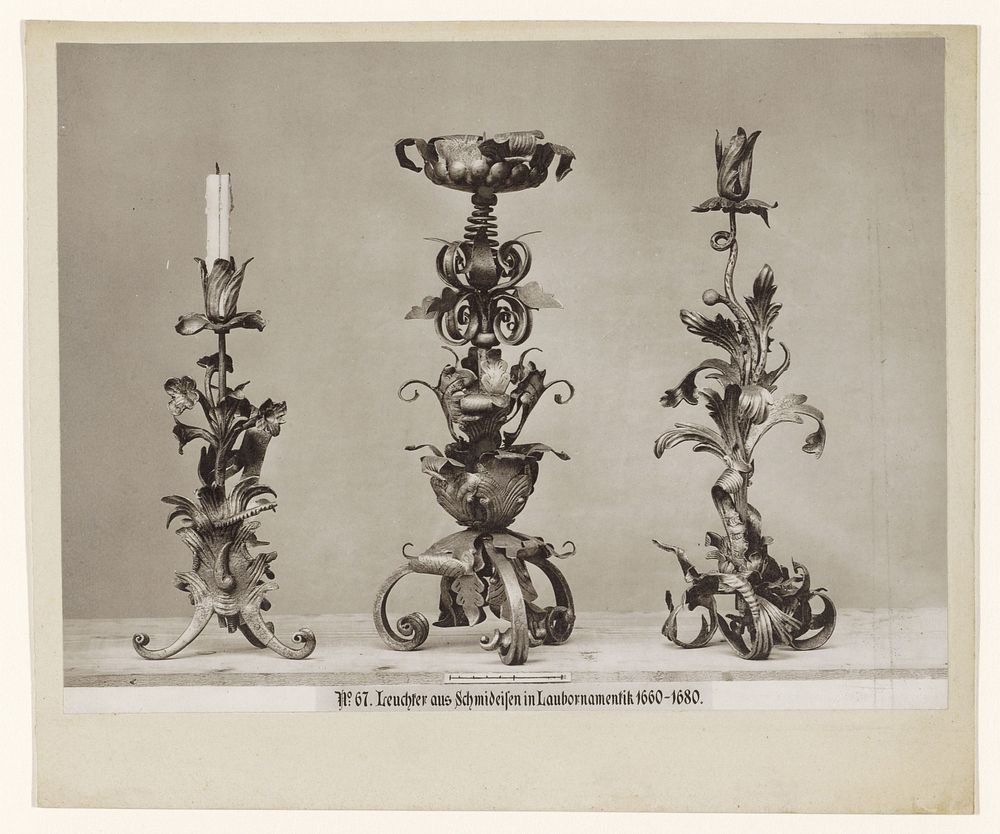 Drie smeedijzeren kandelaars (1869 - 1887) by anonymous, anonymous, Johann Baptist Obernetter and Johann Baptist Obernetter