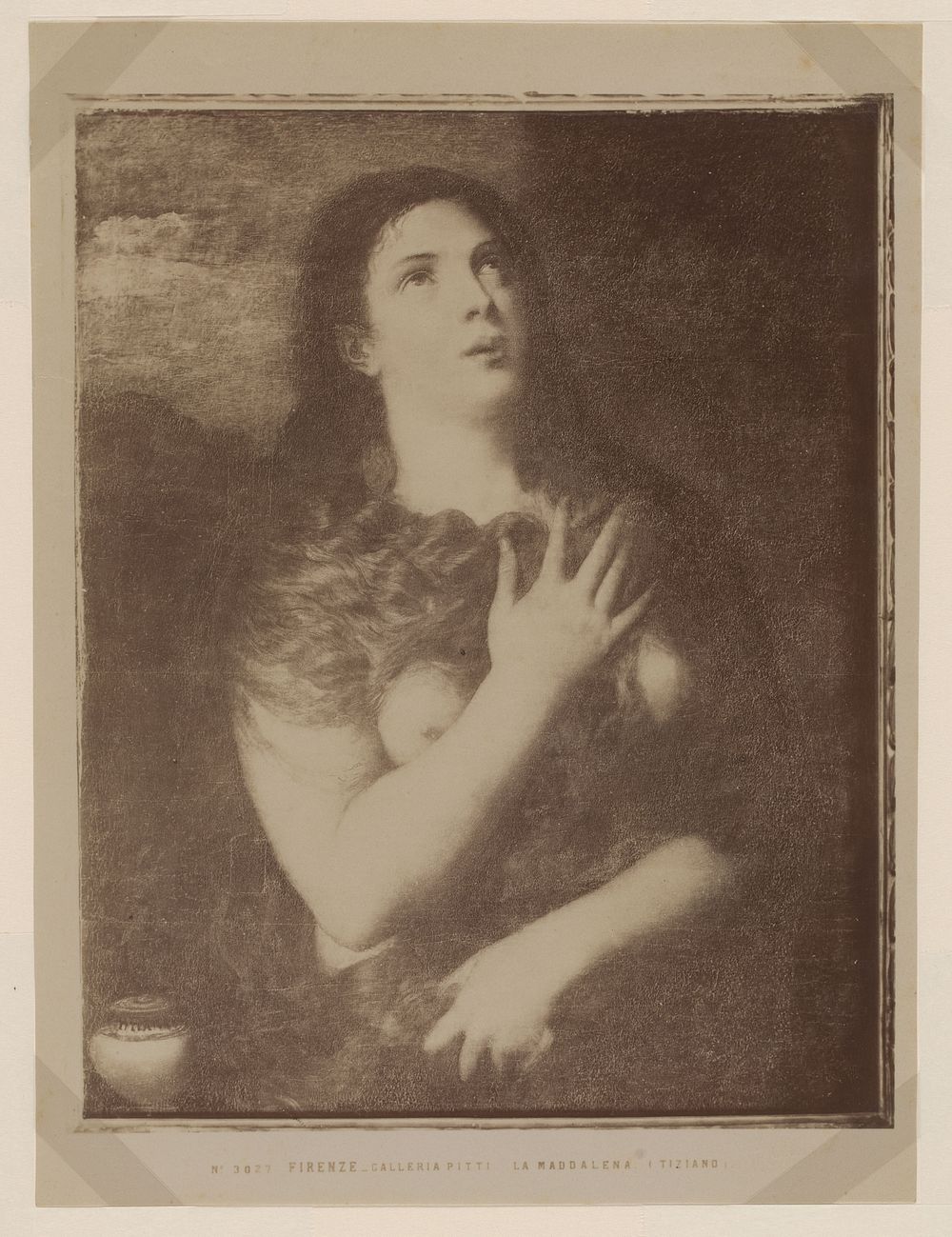 Fotoreproductie van het schilderij van de berouwvolle Magdalena naar Titiaan in de Galleria Pitti te Florence, Italië (1857 …