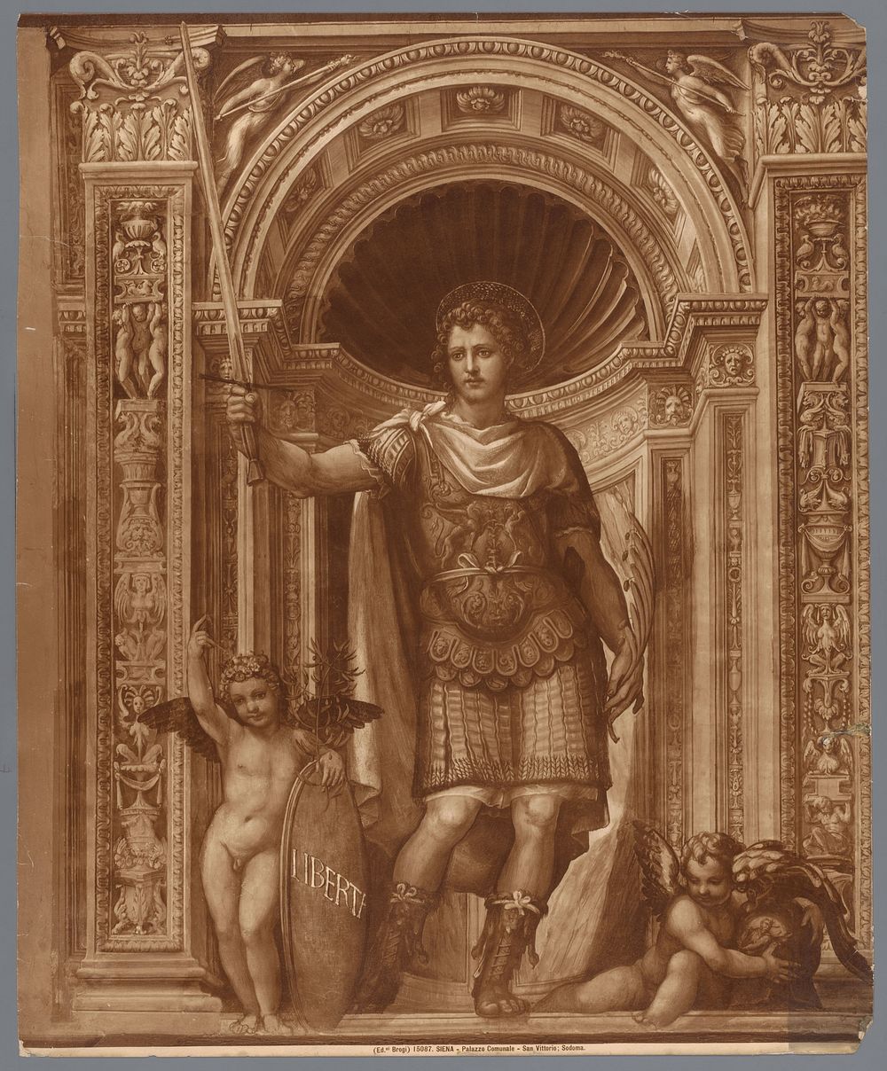 Fotoreproductie van het fresco van San Vittorio door Giovanni Antonio Bazzi in het Palazzo Pubblico te Siena (1880 - 1920)…