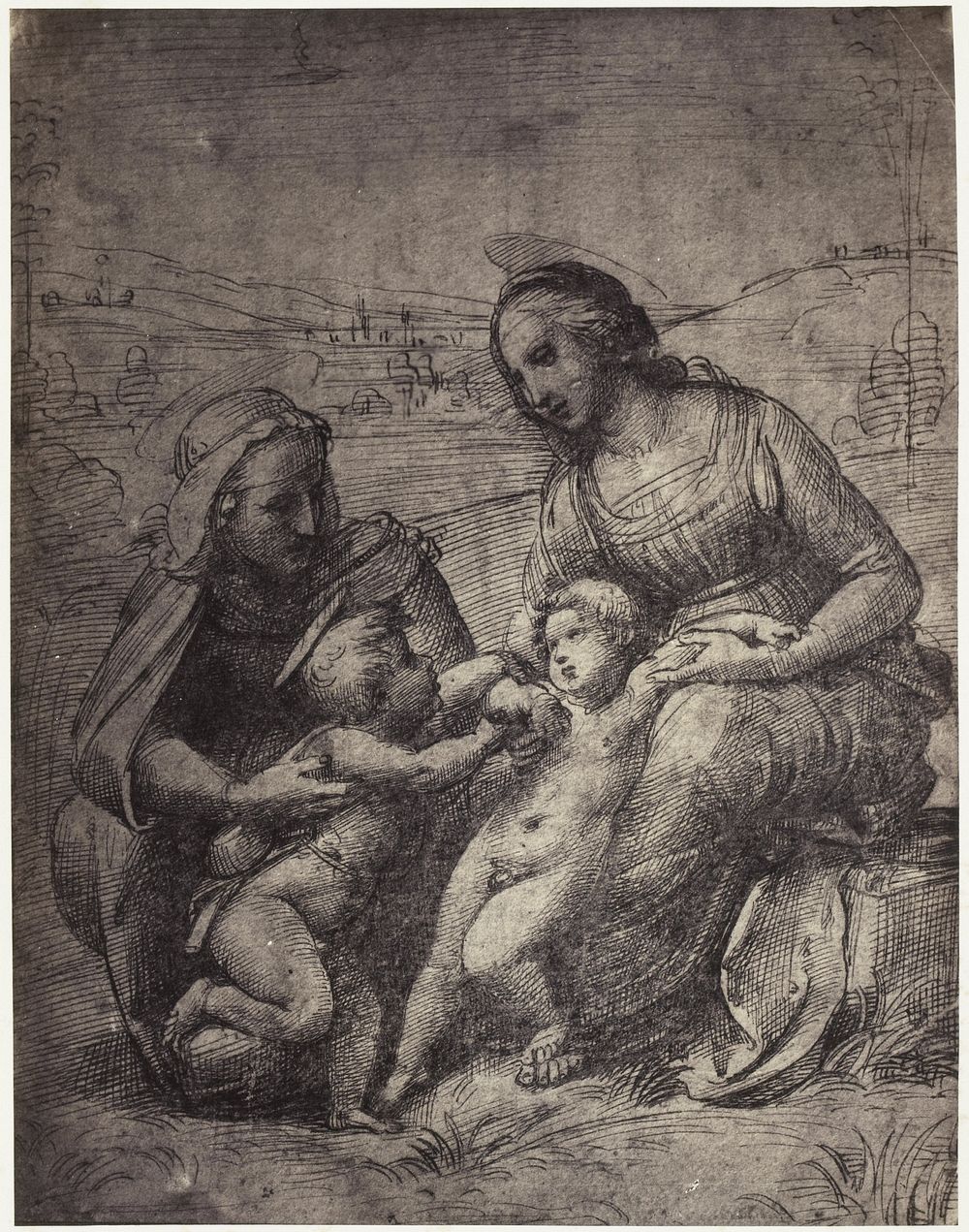 Fotoreproductie van een tekening van Rafaël, Maria met Christus, Johannes en Elisabet (c. 1852 - in or before 1857) by…