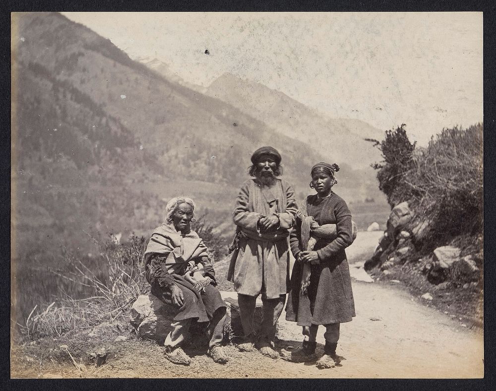 Group portrait of three residents (from Ladakh or Spiti) in Kullu, Himachal Pradesh, India (1869 - 1875) by Frank Mason Good…