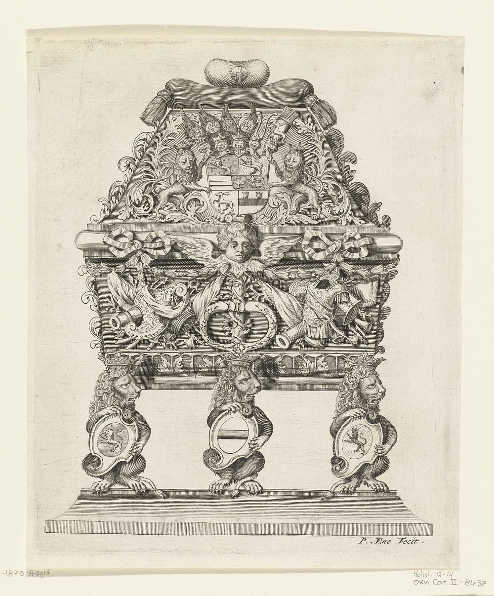 Sarcofaag van Hendrik Casimir II: hoofd gedecoreerd met wapentrofeëen (1680 - 1700) by Petrus Aeneae, Petrus Aeneae and…