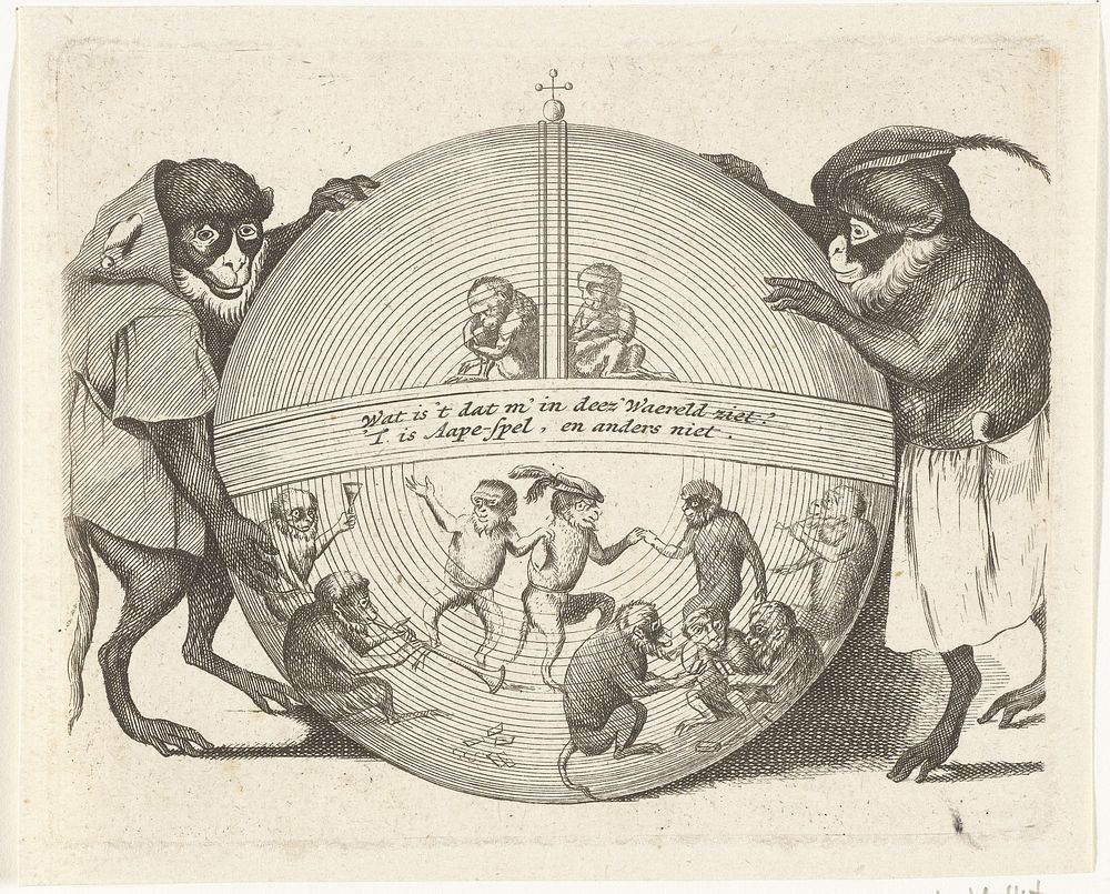 Twee apen houden een wereldbol vast (1635 - 1724) by anonymous, Quirin Boel and David Teniers II