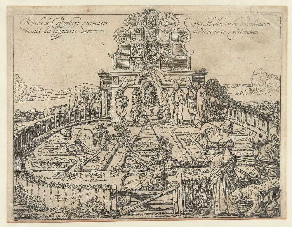 Allegorie op de onbetrouwbaarheid van Spanje en de vrijheid en welstand van de Zeven Provinciën: de Hollandse Tuin (1615) by…