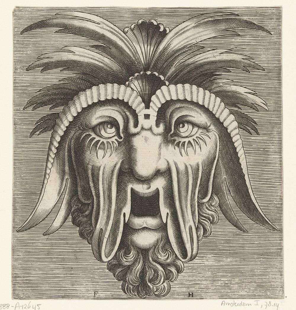 Masker met een openhangende, tandeloze mond, uitgezakte wangen en kuiven op het hoofd (1555) by Frans Huys, Cornelis Floris…